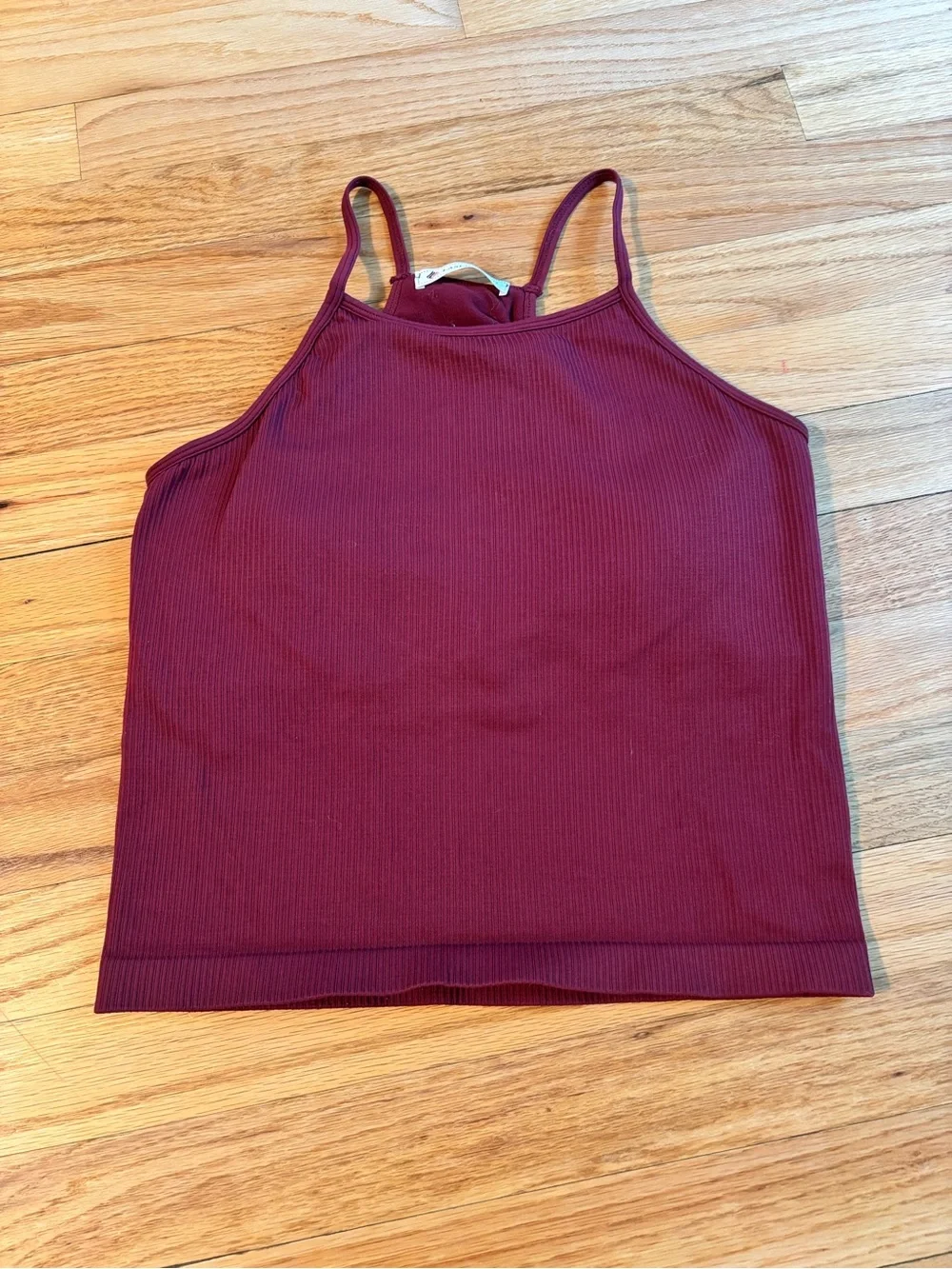 Ribbed High-Neck cropped Top in Burgundy with built in bra